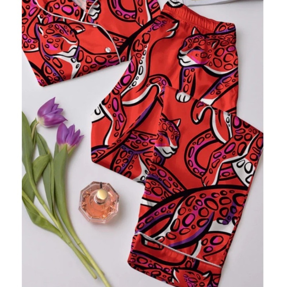 Averie Sleep Asha Pajama Pants Blood Orange Red Leopard Satin Lounge Large